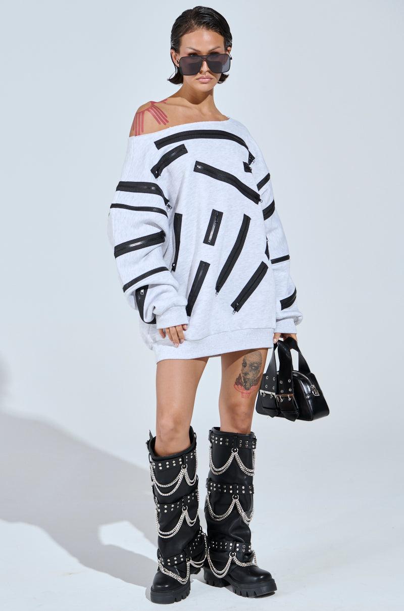 ZIP ZAP OFF THE SHOULDER SWEATSHIRT DRESS-GREY MULTI Product Image