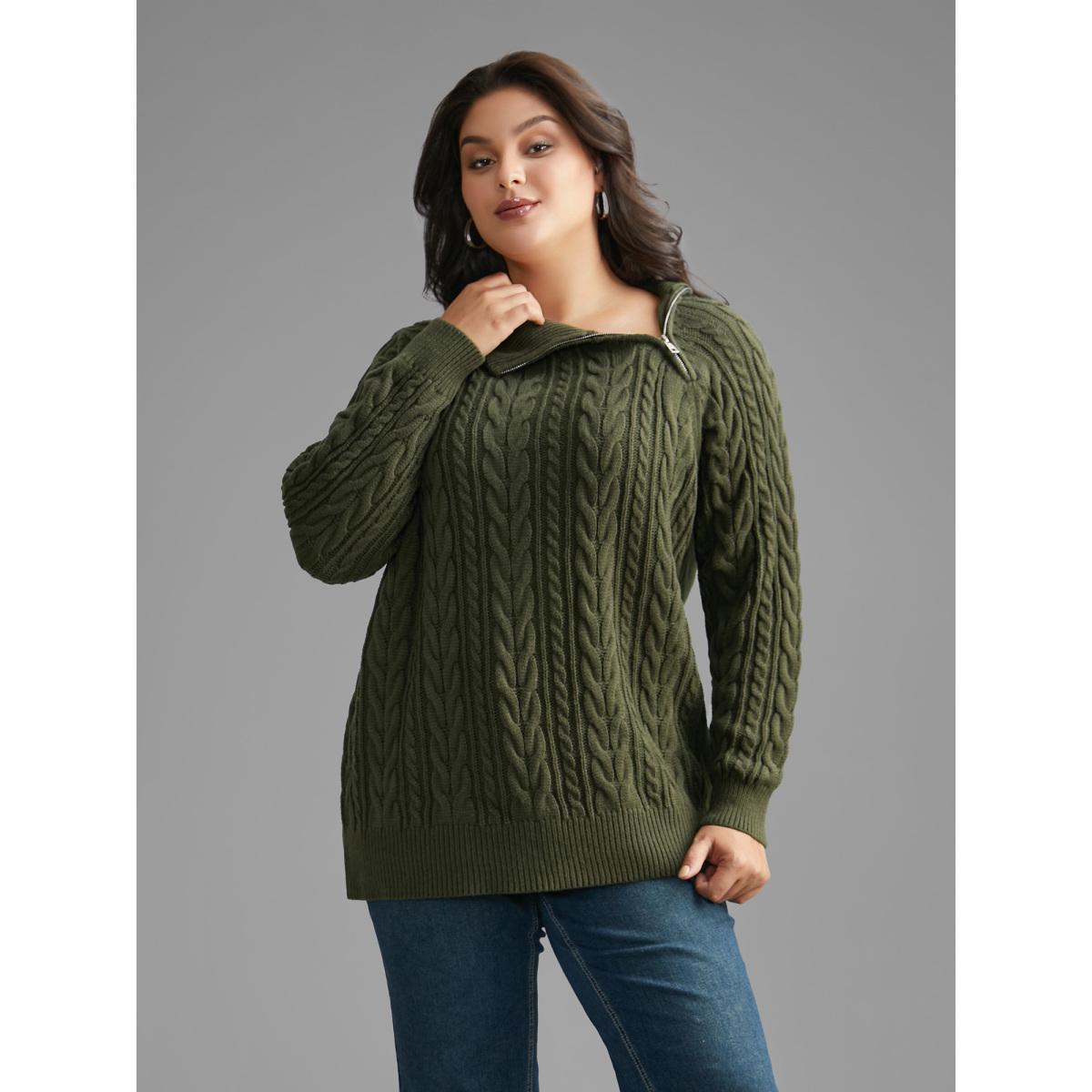 Plus Size Asymmetrical Neck Cable Knit Zipper Pullover ArmyGreen Women Casual Loose Long Sleeve Asymmetrical Neck Everyday Pullovers BloomChic 26/4X Product Image