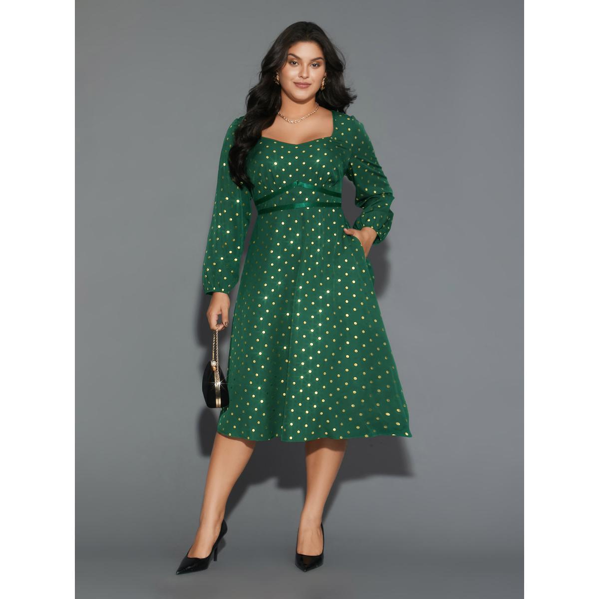 Plus Size Glitter Polka Dot Heart Neckline Dress Emerald Women Cocktail Woven ribbon&lace trim Party Curvy Bloomchic 18-20/2X Product Image