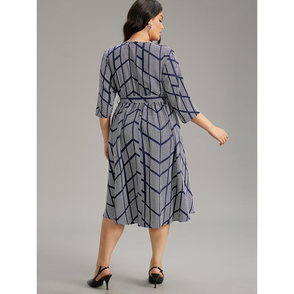 Plus Size Polka Dot Geometric Keyhole Belted Dress Indigo Women At the Office Belted Keyhole Cut-Out Half Sleeve Curvy Midi Dress BloomChic 10/M Product Image