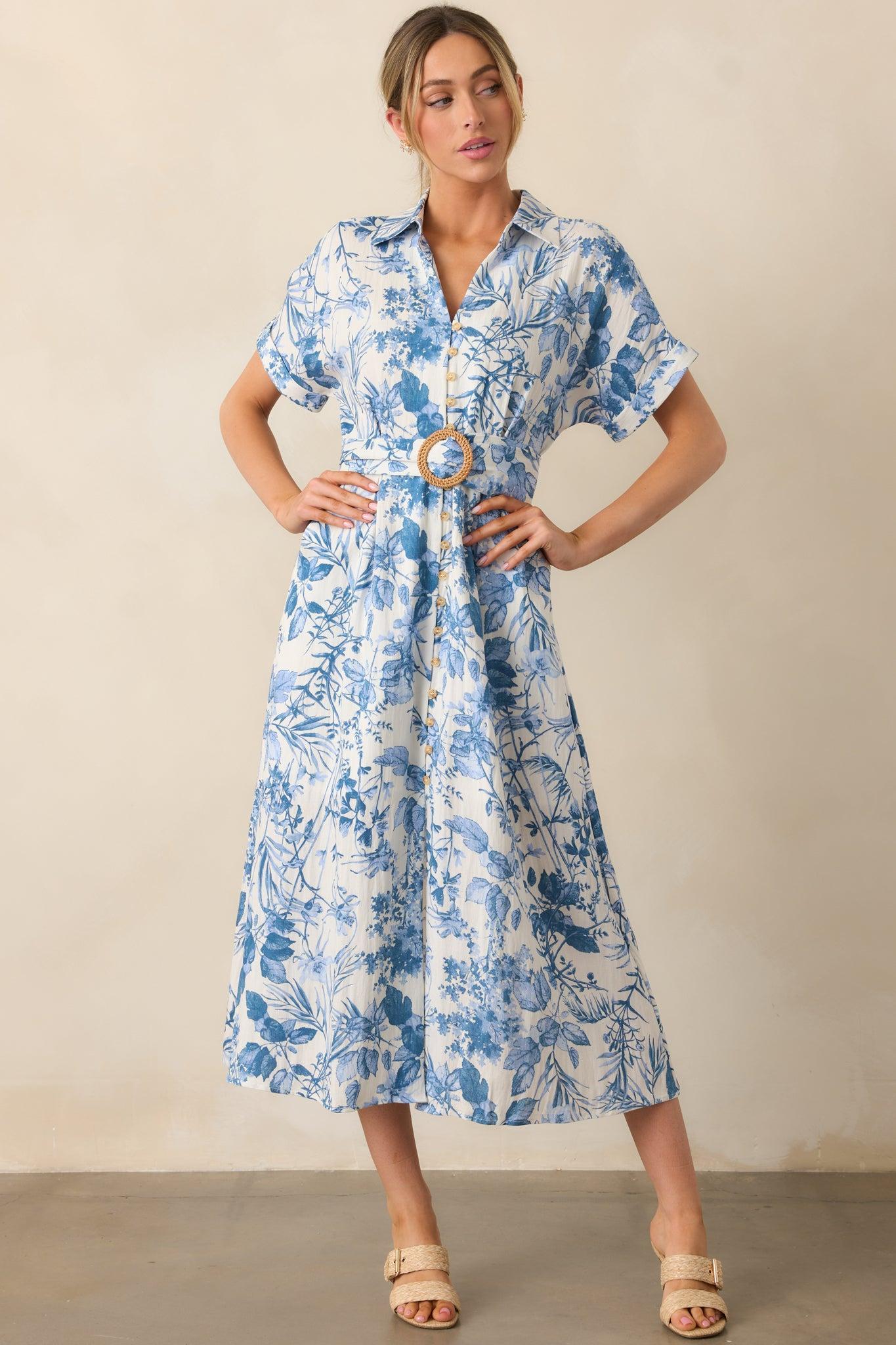 Springtime Splendor White & Blue Floral Belted Midi Dress Product Image