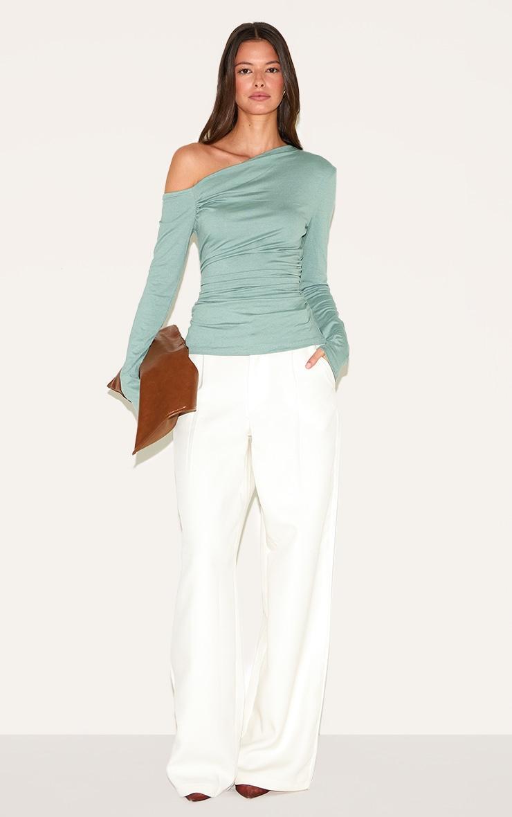 Sage Green Soft Cotton Asymmetric Ruched Long Sleeve Top Product Image