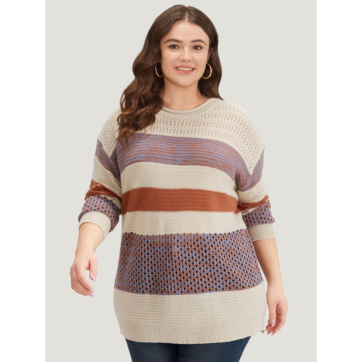 Plus Size Colorblock Contrast Drop Shoulder Cut Out Pullover Multicolor Women Casual Loose Long Sleeve Round Neck Dailywear Pullovers BloomChic 12/L Product Image