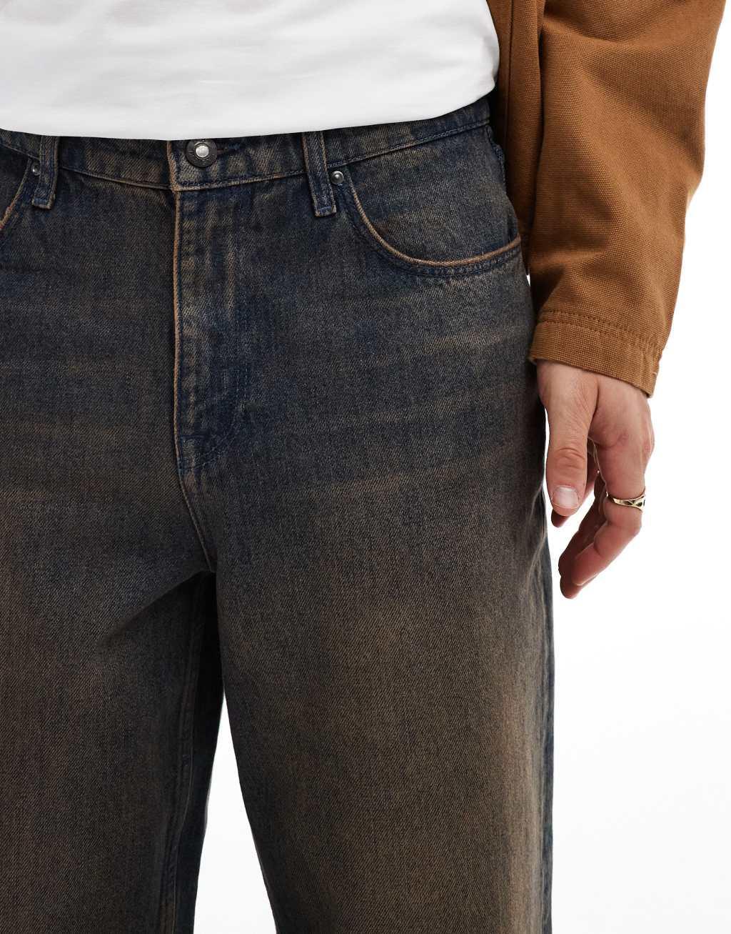 ASOS DESIGN baggy jeans with brown tint in dark wash blue Product Image