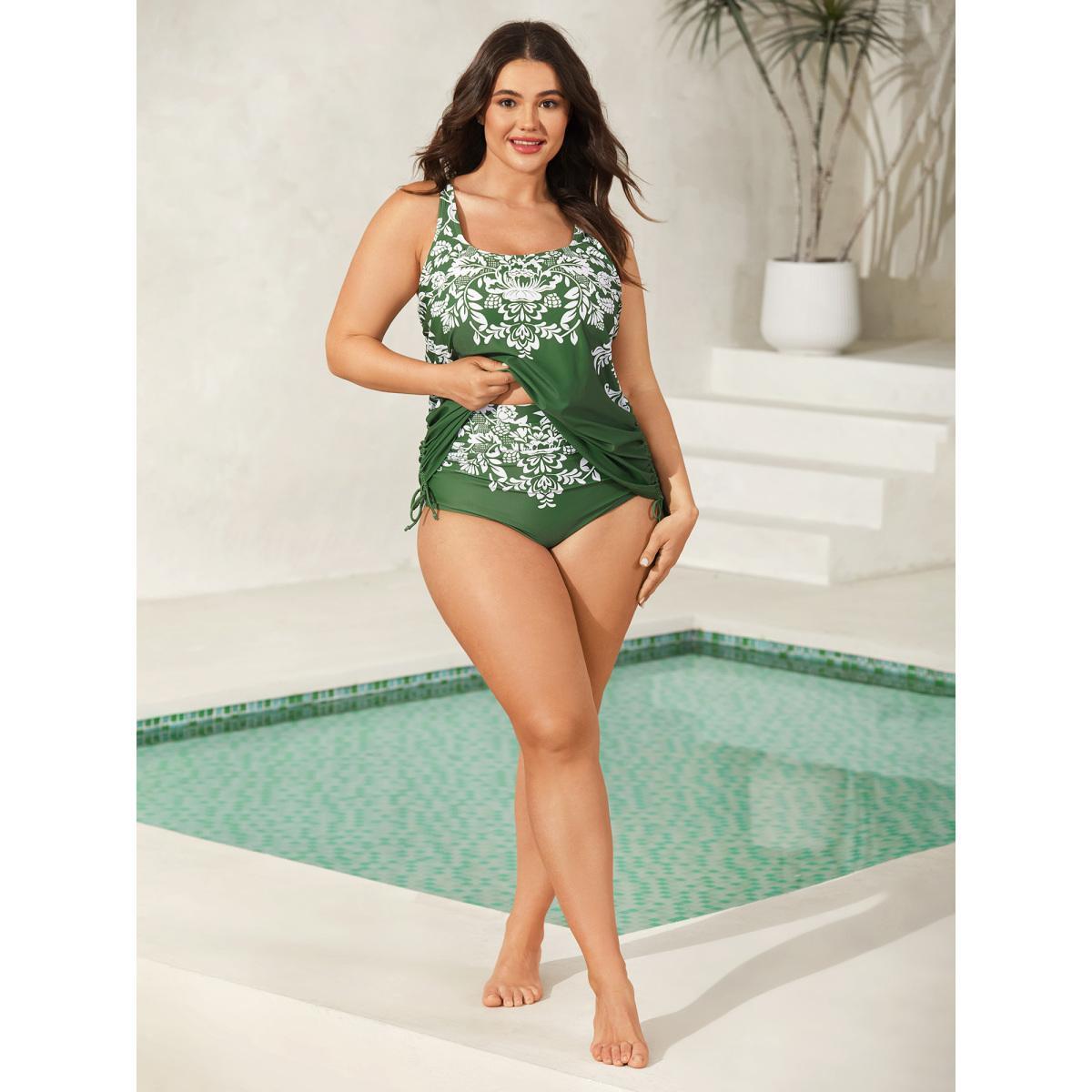 Plus Size Floral Print Cheeky Coverage Swim Bottoms Women's Swimwear Truegreen Beach Gathered High stretch Skinny High Rise Curve Swim Bottoms BloomChic 14-16/1X Product Image