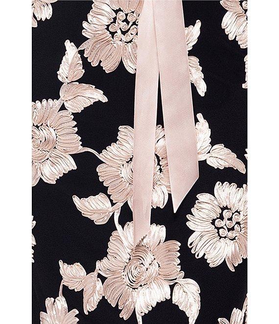Betsy & Adam Floral Embroidered Mesh Crew Neck Long Sleeve Tie Waist Gown Product Image