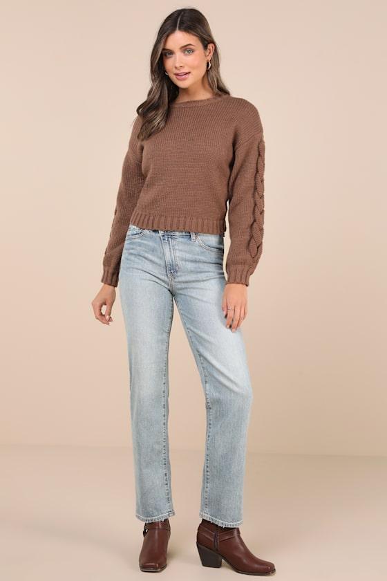 Playful Comfort Brown Cable Knit Crew Neck Pullover Sweater Product Image
