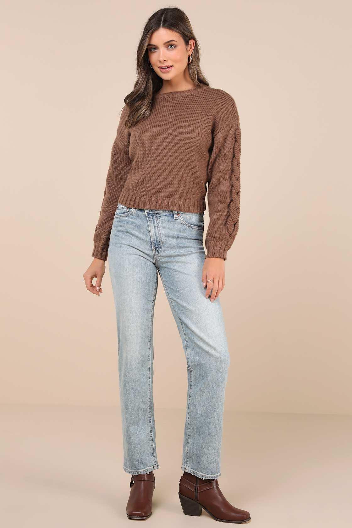 Playful Comfort Brown Cable Knit Crew Neck Pullover Sweater Product Image