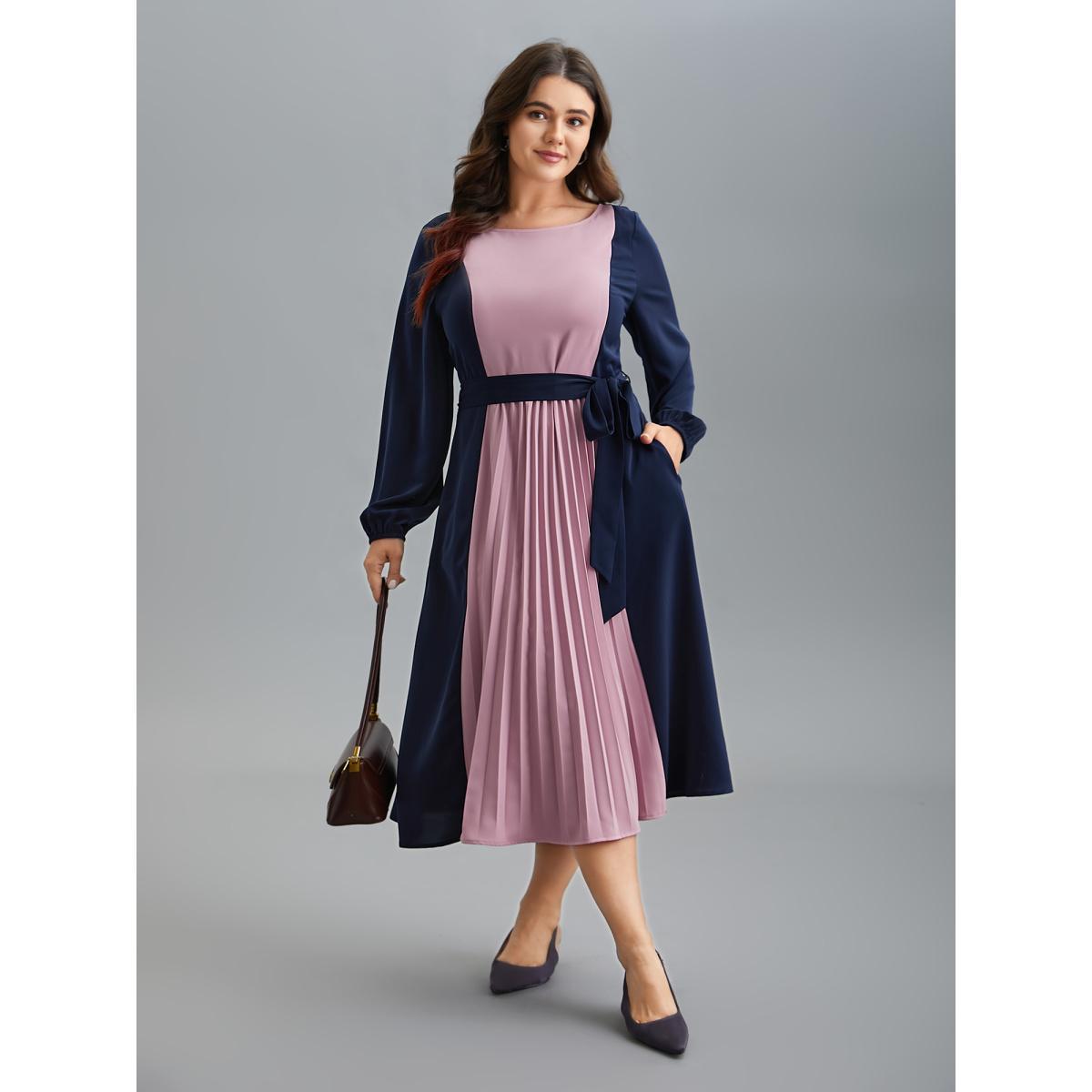 Plus Size Color-Block Stretchy Waist-Cinched Pockets Dress Indigo Women At the Office Belted Boat Neck Long Sleeve Curvy BloomChic 14-16/1X Product Image