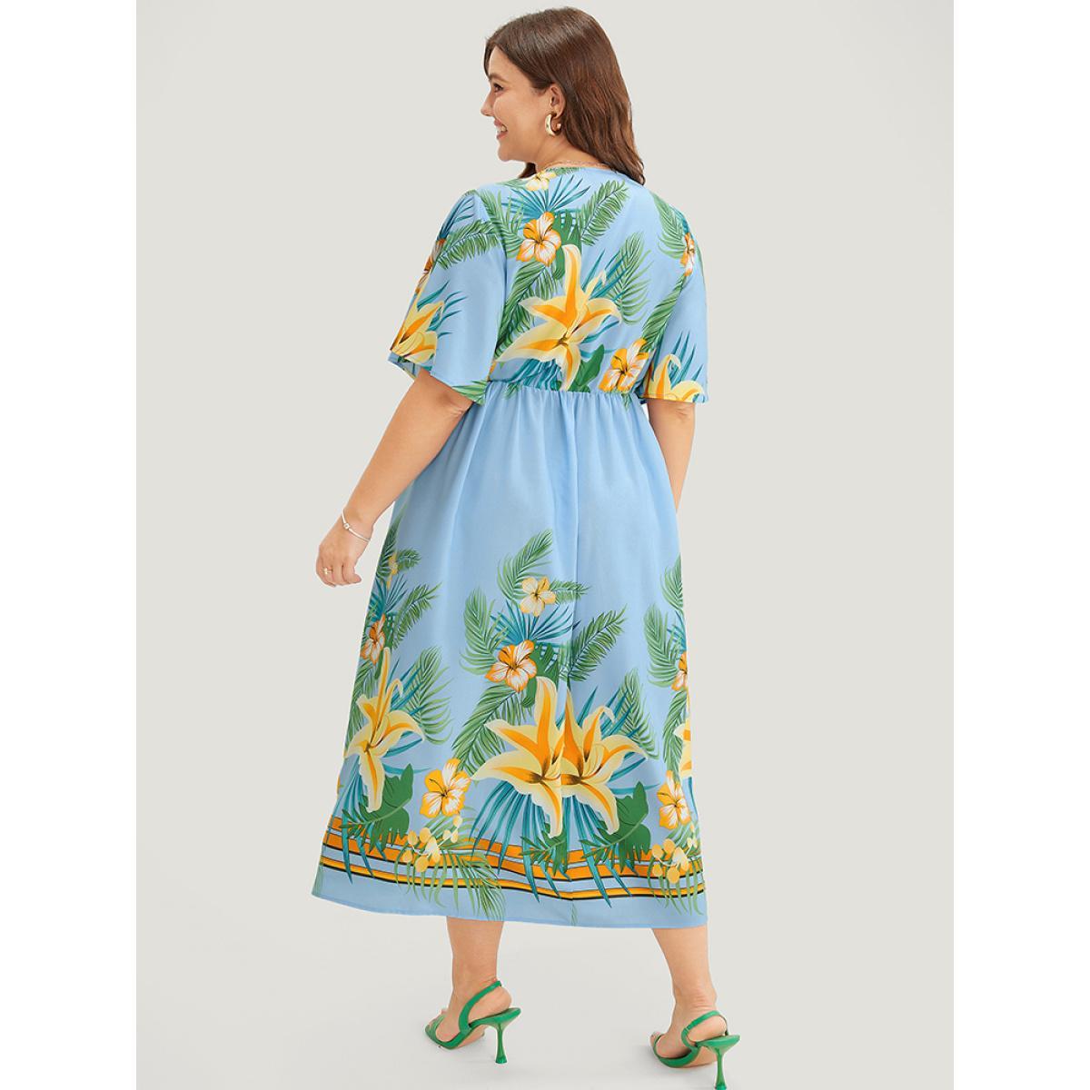 Plus Size Tropical Print Ruffle Sleeve Wrap Pocket Midi Dress LightBlue Women Elegant Elastic Waist V-neck Short sleeve Curvy Midi Dress BloomChic 28/5X Product Image