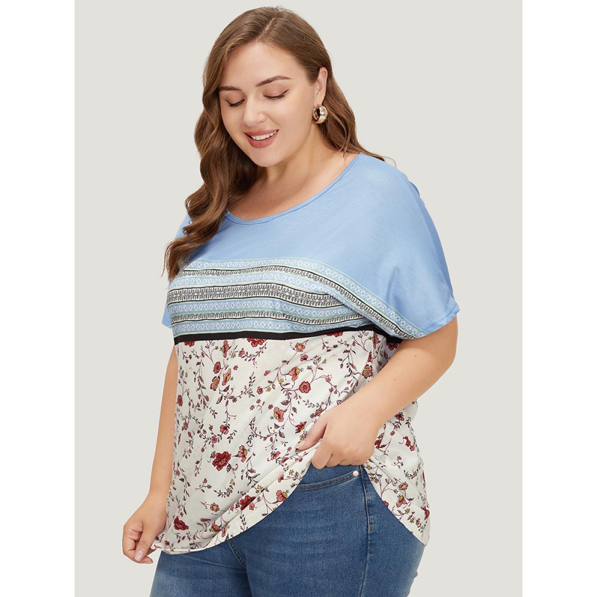 Plus Size Floral & Striped Batwing Sleeve Contrast T-shirt LightBlue Women Elegant Contrast Striped Round Neck Dailywear T-shirts BloomChic 18-20/2X Product Image