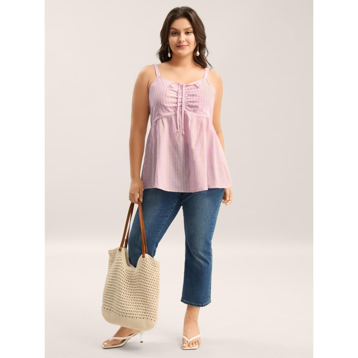 Plus Size Cotton Stripes Neck Ties Ruched Tank Top Women Blush Drawstring Heart neckline Vacation Tank Tops Camis BloomChic 26/4X Product Image