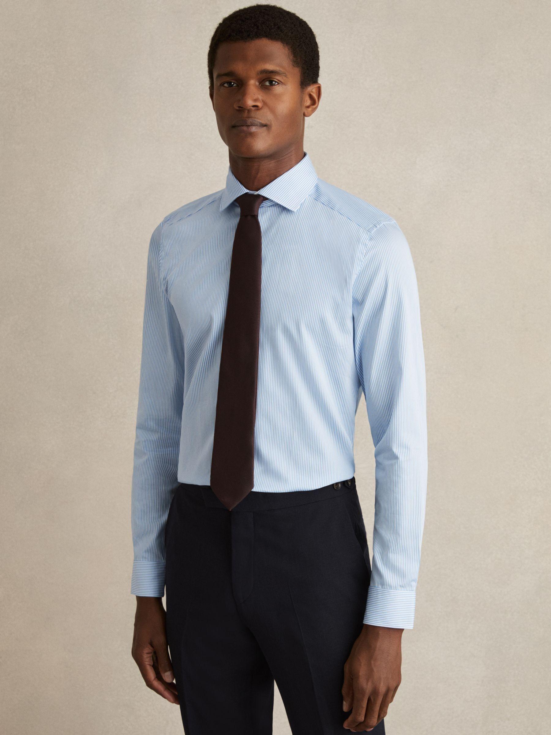 Slim Fit Cotton-Satin Cutaway-Collar Shirt in Blue Stripe Product Image