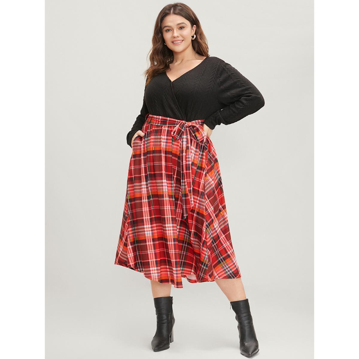 Plus Size Plaid Patchwork Pocket Cable Knit Belted Surplice Neck Dress Black Women Elegant Patchwork V-neck Long Sleeve Curvy Midi Dress BloomChic 12/L Product Image
