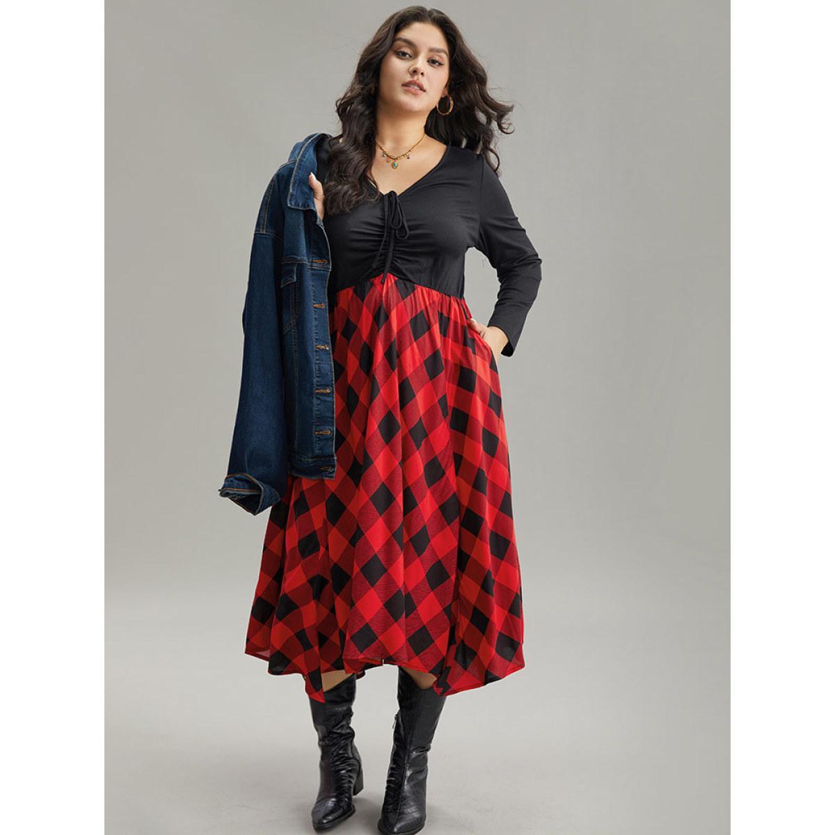 Plus Size Plaid Ruched Drawstring Asymmetrical Hem Dress Black Women Casual Printed Tie Neck Long Sleeve Curvy Midi Dress BloomChic 14-16/1X Product Image