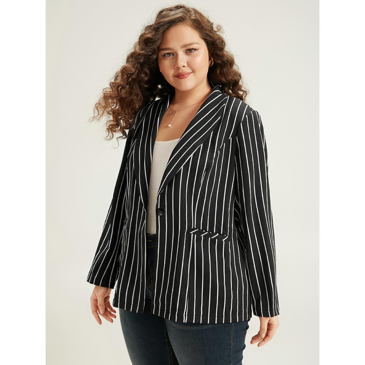 Plus Size Striped Suit Collar Button Up Blazer Black Women Work Striped Contrast Sleeve Long Sleeve Suit Collar 18-20/2X Pocket Casual Blazers BloomChic Product Image