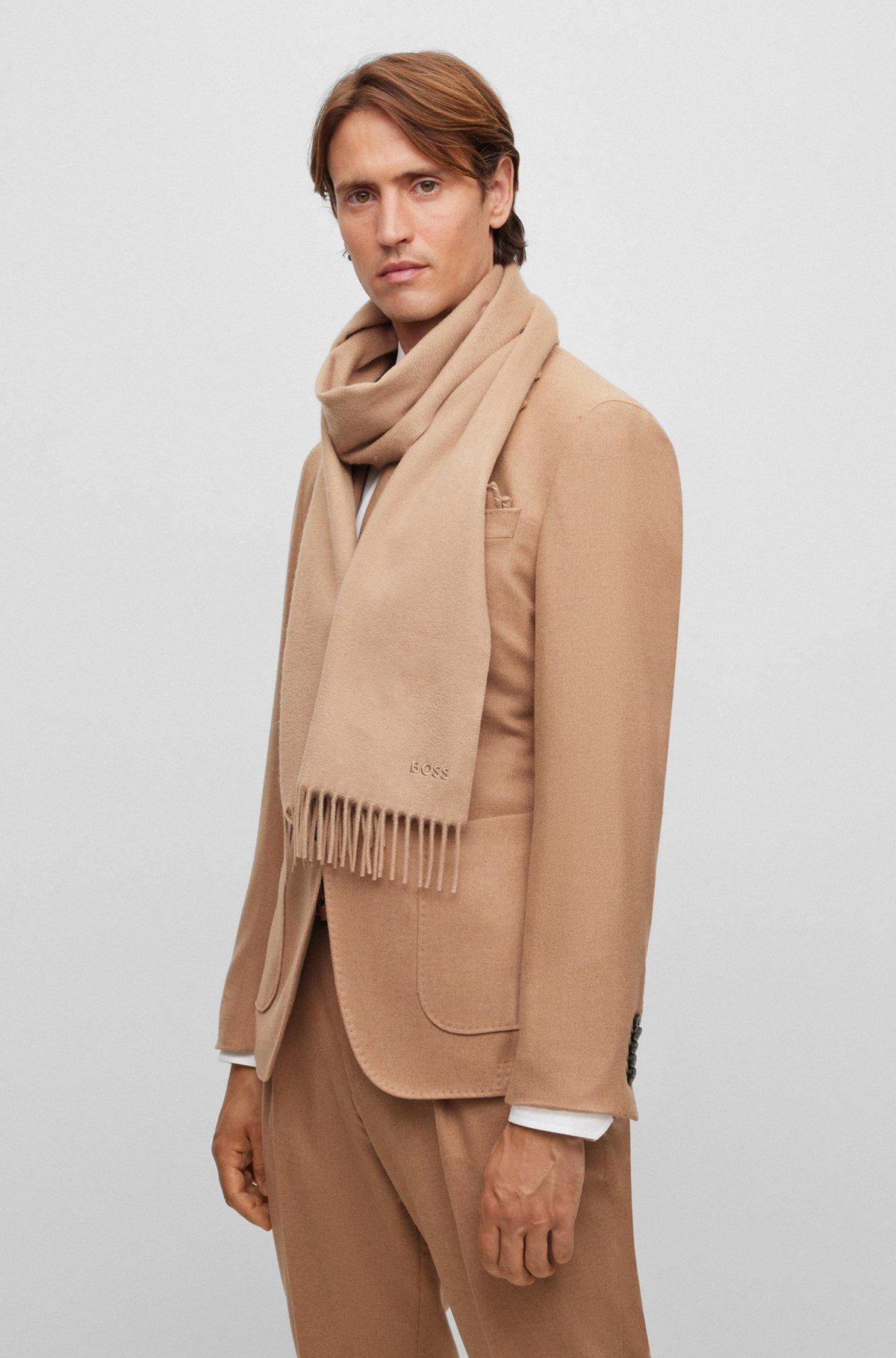 BOSS - Fringed scarf in pure Italian cashmere with embroidered logo - Beige Product Image