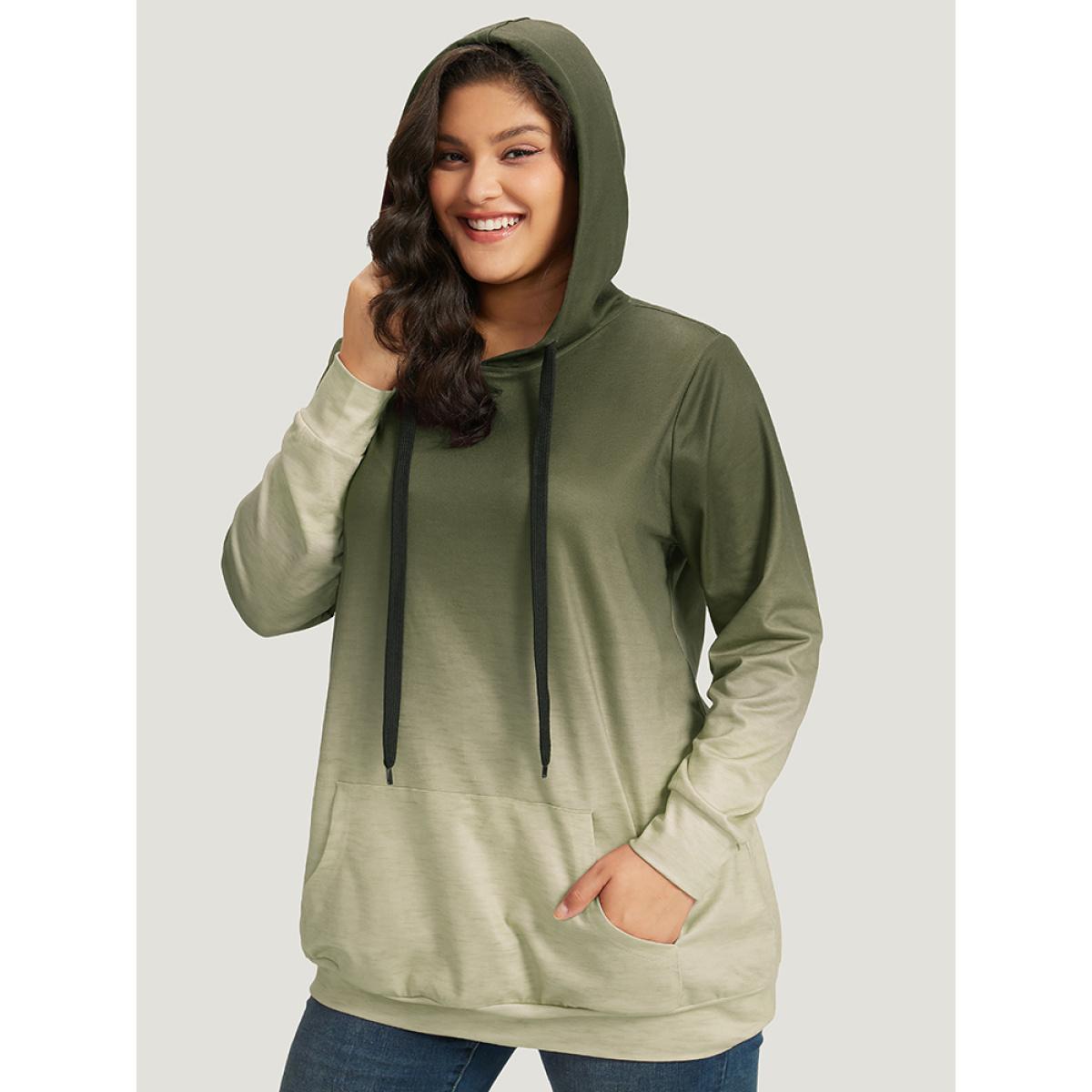 Plus Size Ombre Pocket Drawstring Hooded Sweatshirt Women Sage Casual Elastic cuffs Hooded Everyday Sweatshirts BloomChic 18-20/2X Product Image