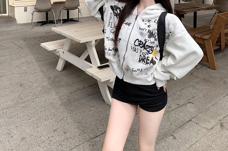 Lettering Print Zip-Up Crop Hoodie Product Image
