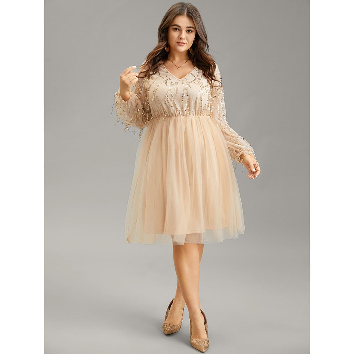 Plus Size Sequin Mesh Patchwork Tassel Dress Apricot Women Cocktail Gathered Overlap Collar Long Sleeve Curvy Knee Dress BloomChic 14-16/1X Product Image