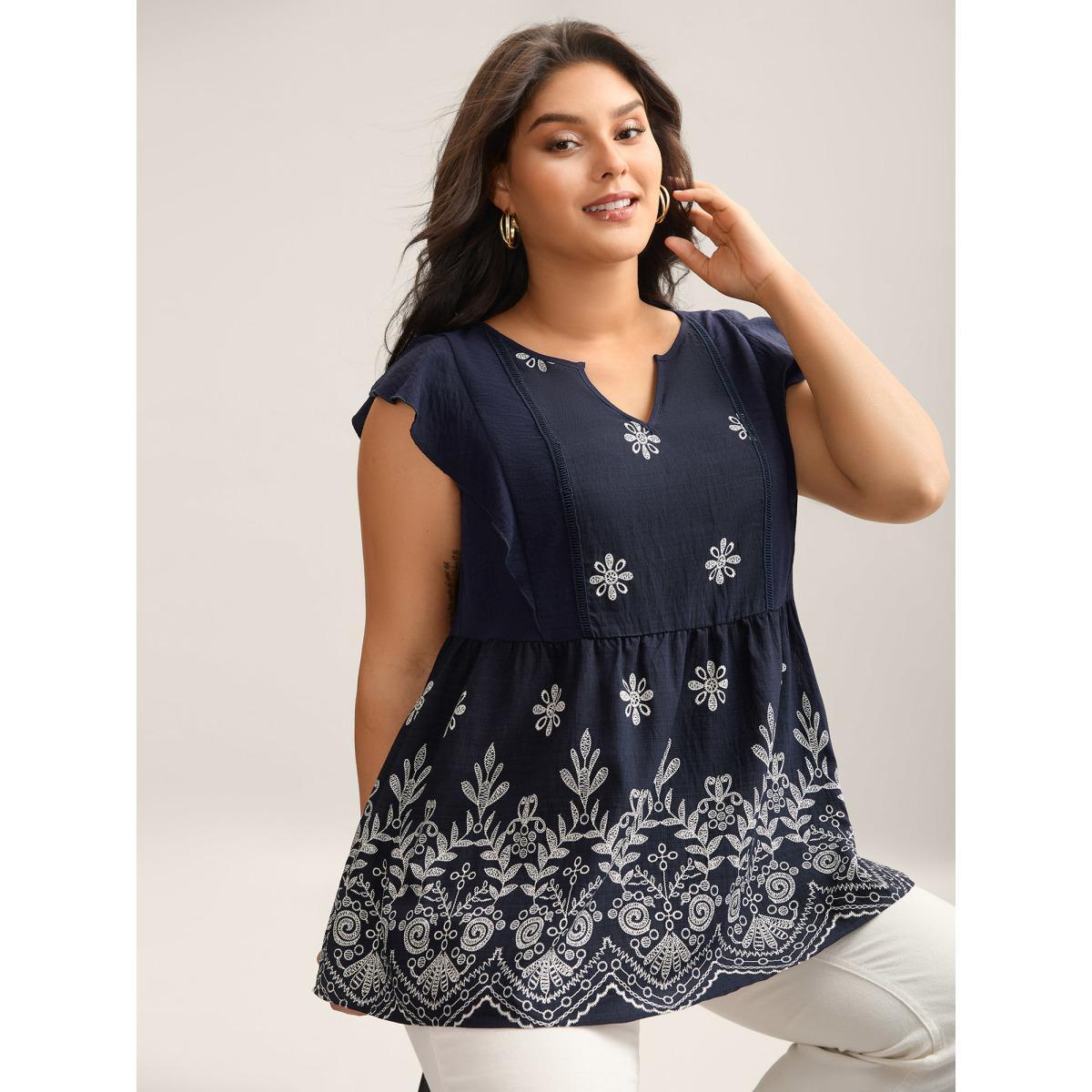 Plus Size Midnight Floral Boho Print Ruffled Plain Blouse Women Cap Sleeve Round Neck Everyday-Elegant Blouses BloomChic 12/L Product Image