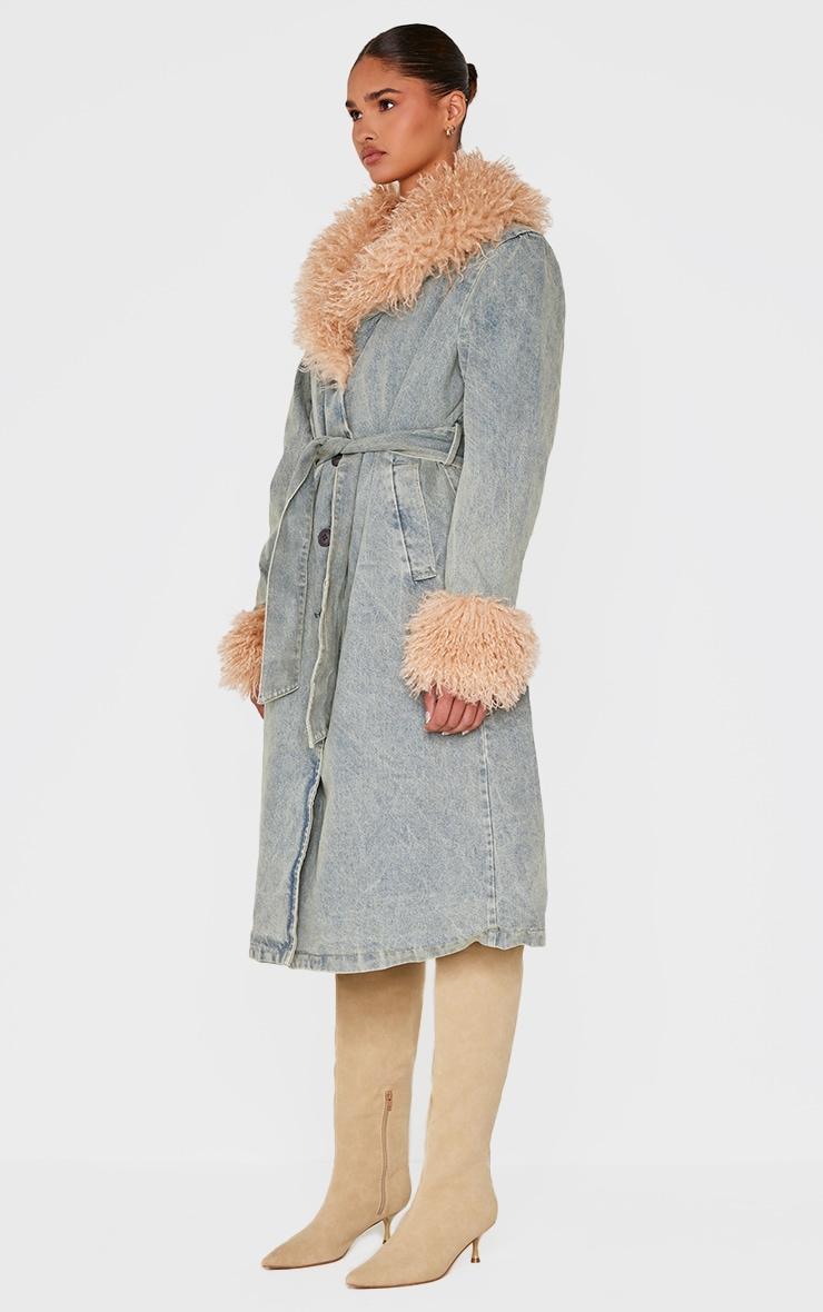 Vintage Faux Fur Trim Belted Trench Coat Product Image