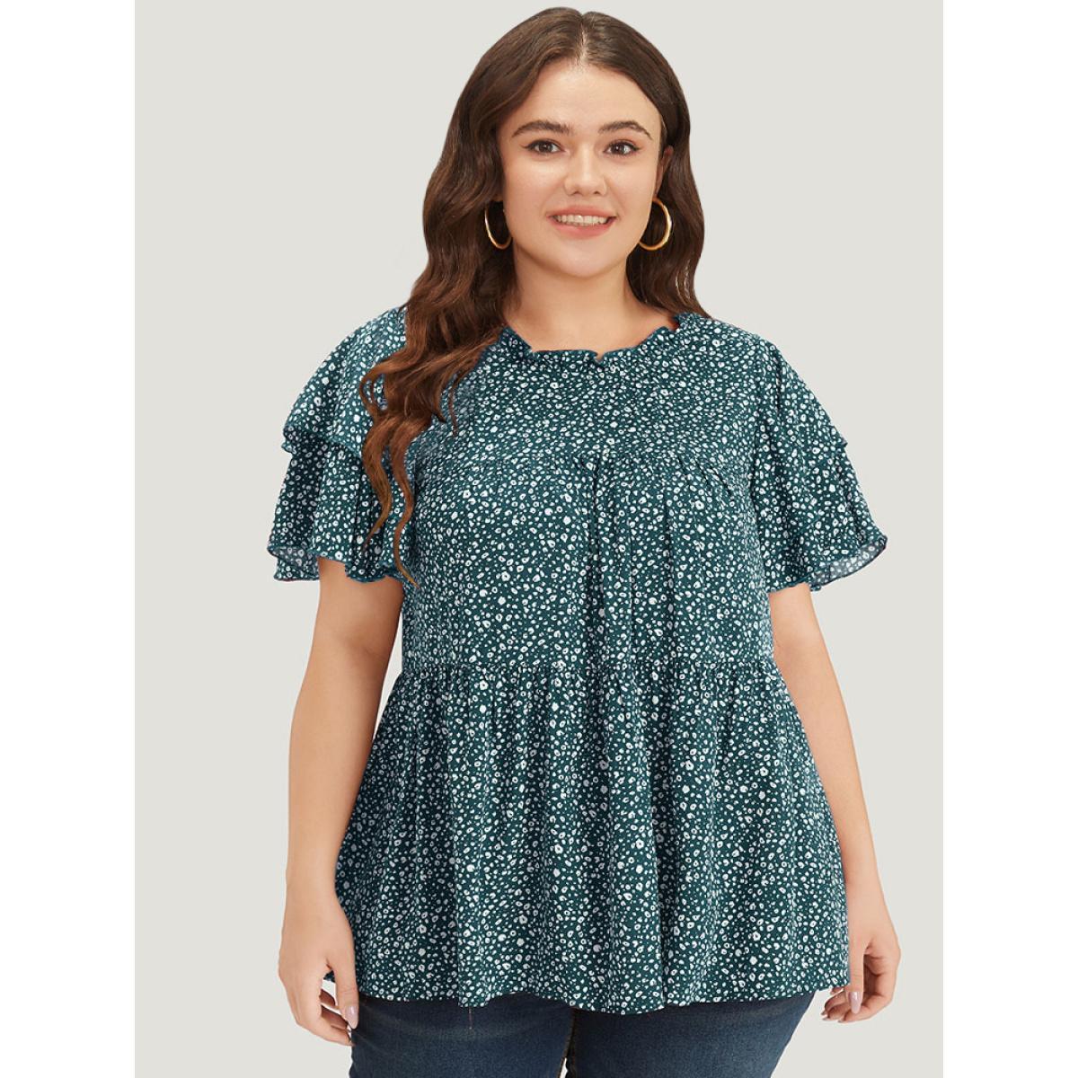 Plus Size DarkGreen Leopard Print Frill Trim Ruffle Layered Sleeve Blouse Women Elegant Short sleeve Stand-up collar Dailywear Blouses BloomChic 30/6X Product Image