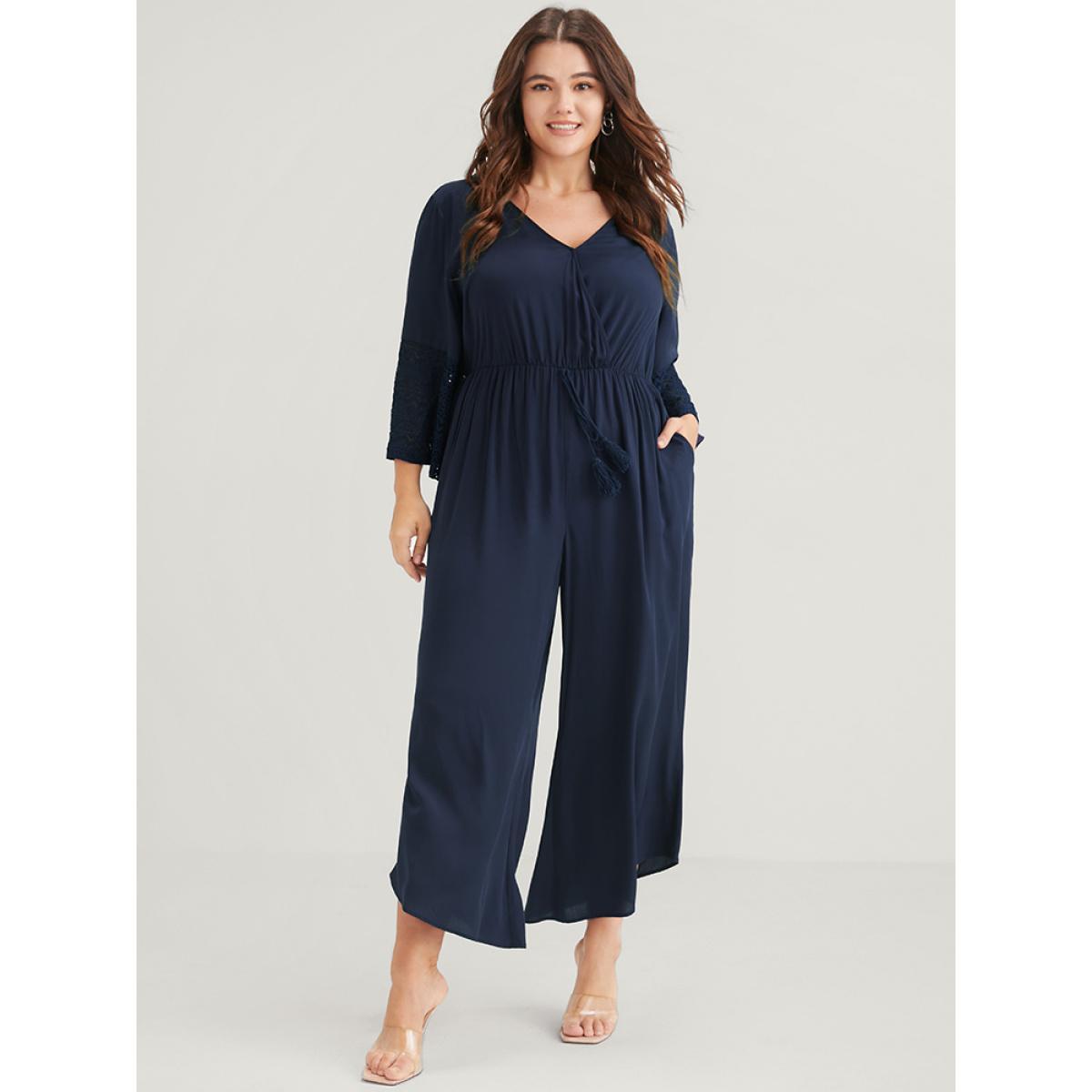 Plus Size Navy Solid Bell Sleeve Pocket Tie Contrast Lace Wrap Jumpsuit Women Elegant Elbow-length sleeve V-neck Dailywear Loose Jumpsuits BloomChic 18-20/2X Product Image