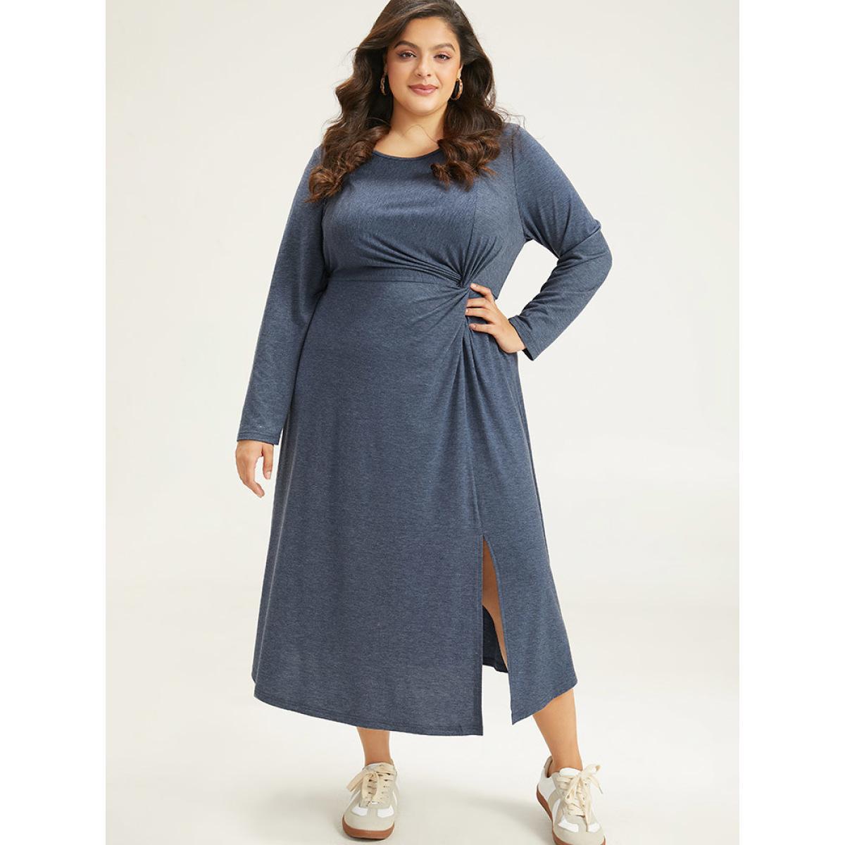 Plus Size Plain Crew Neck Twist Front Split Hem Dress Indigo Women Casual Plain Round Neck Long Sleeve Curvy Midi Dress BloomChic 10/M Product Image