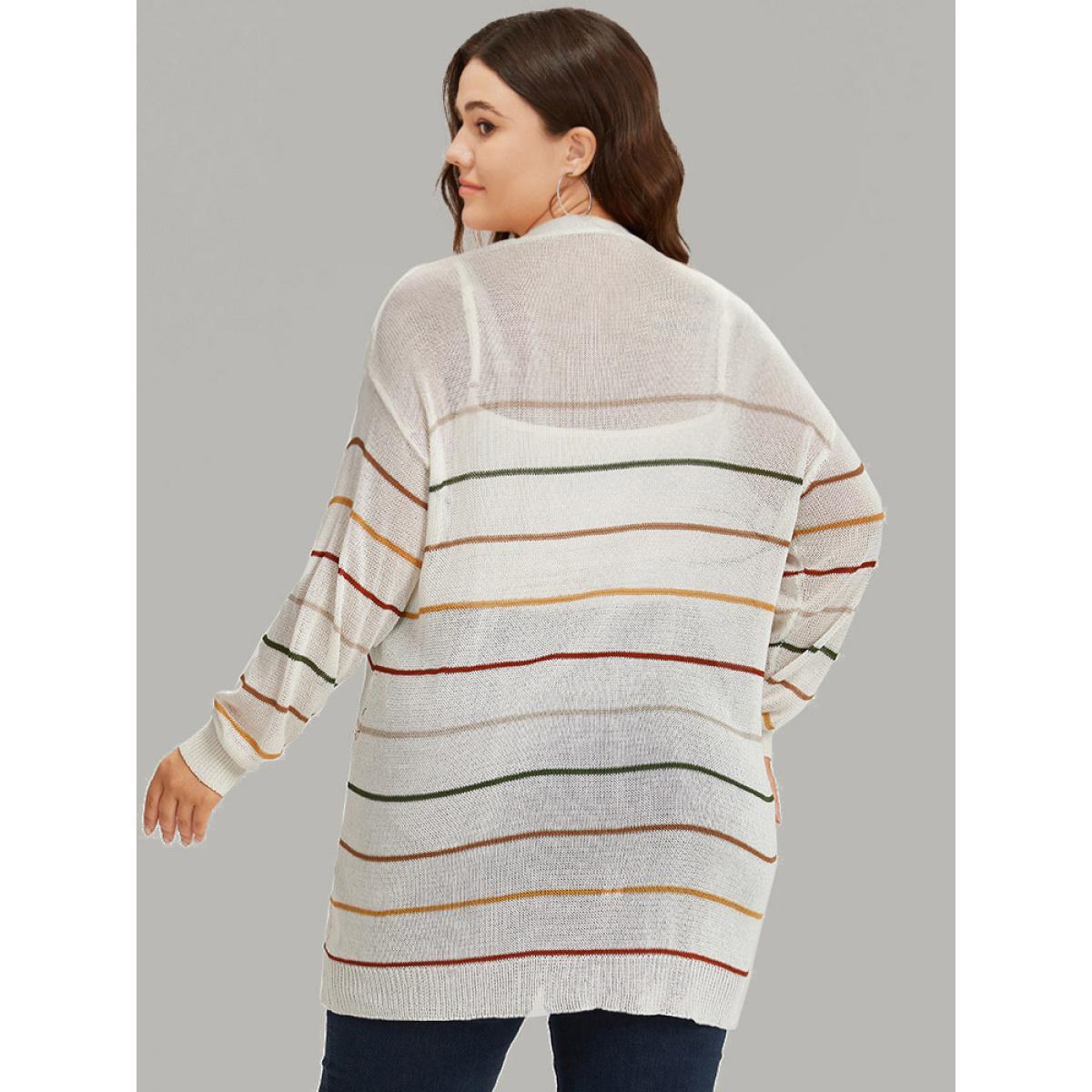 Plus Size UltraCool Rainbow Striped Open Front Pocket Cardigan Ivory Women Casual Loose Long Sleeve Dailywear Cardigans BloomChic 14-16/1X Product Image