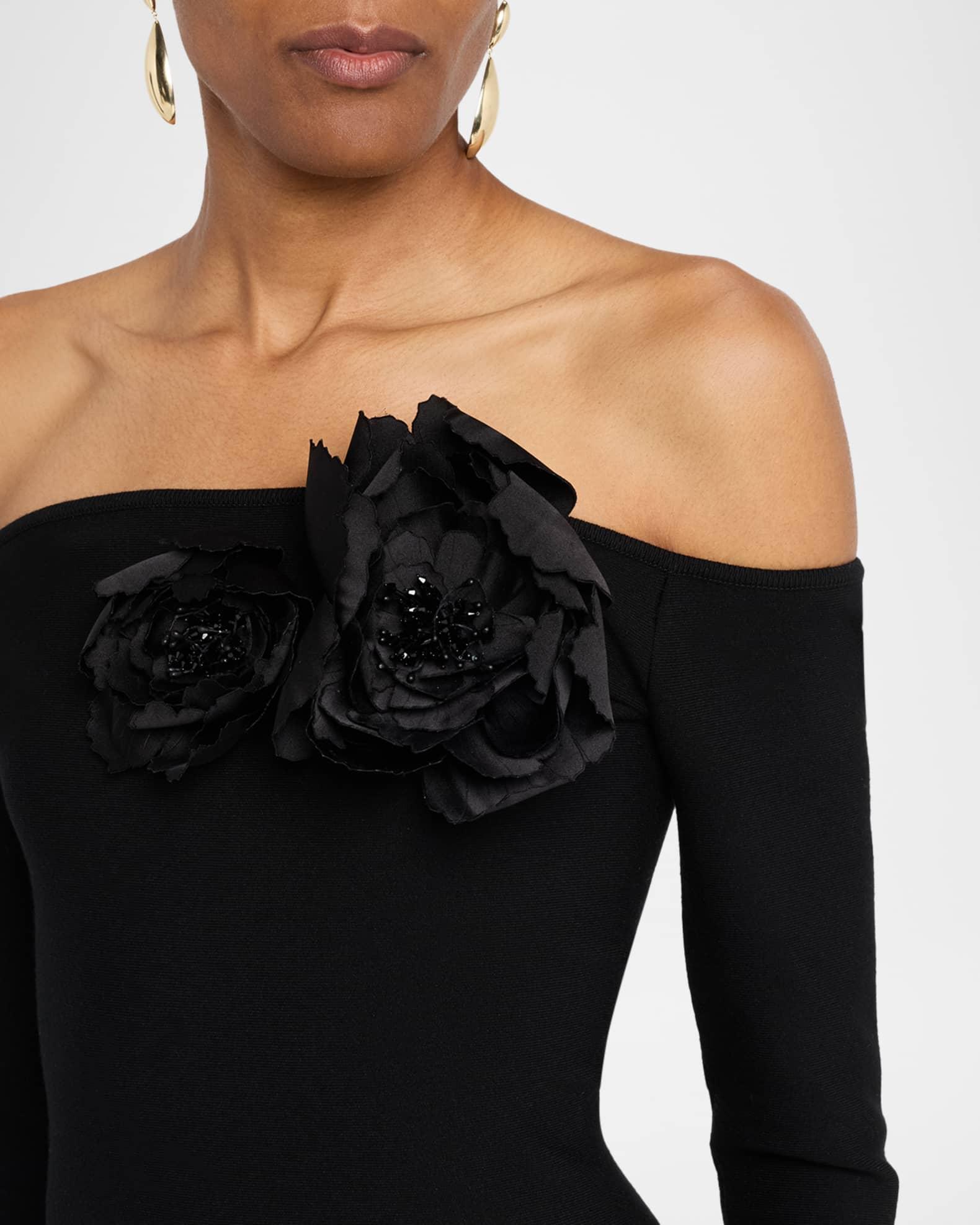 Off-The-Shoulder Flower Applique Long-Sleeve Knit Mini Dress Product Image