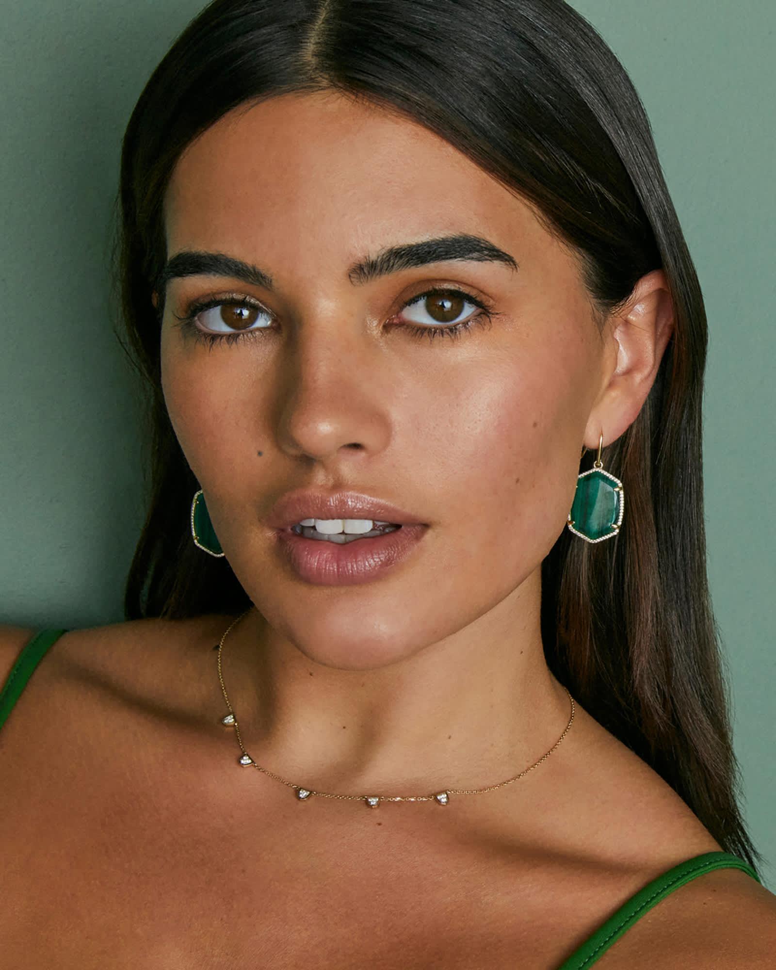 Daphne Gold Pave Frame Drop Earrings in Green Malachite Product Image