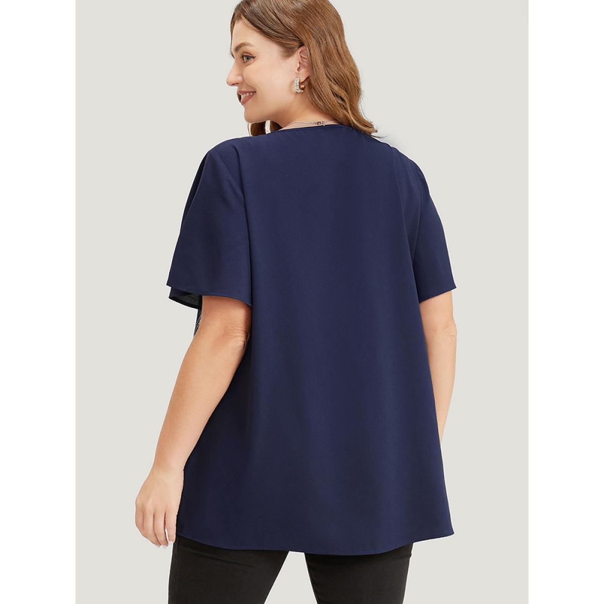 Plus Size Aegean Plain Rhinestones Detail Ruffles Sleeve Blouse Women Party Short sleeve Round Neck Dailywear Blouses BloomChic 30/6X Product Image