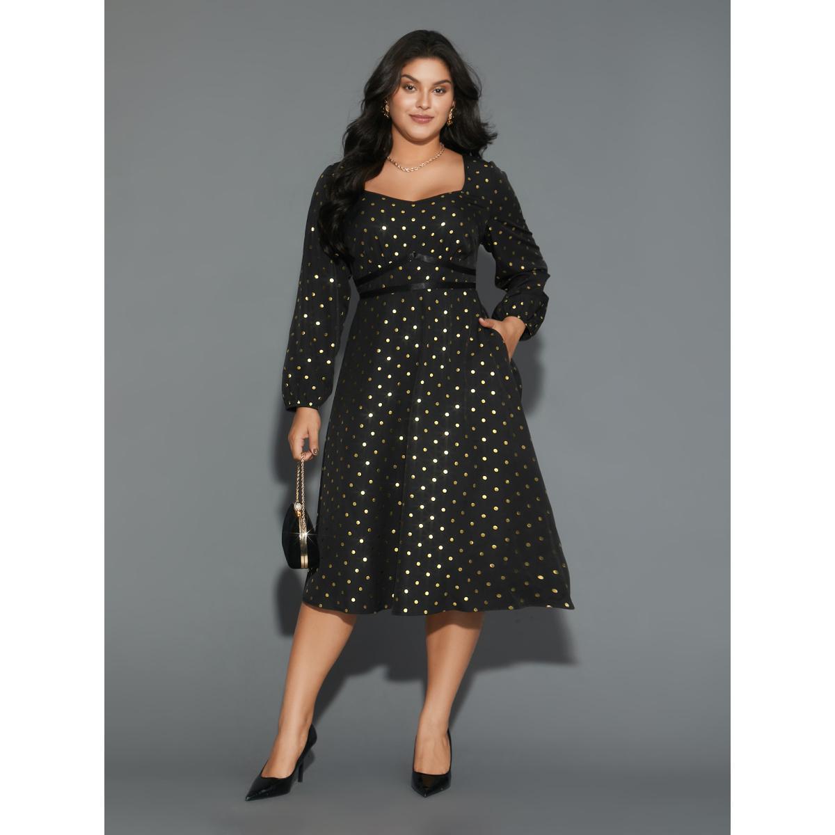 Plus Size Glitter Polka Dot Heart Neckline Dress Black Women Cocktail Woven ribbon&lace trim Party Curvy Bloomchic 18-20/2X Product Image
