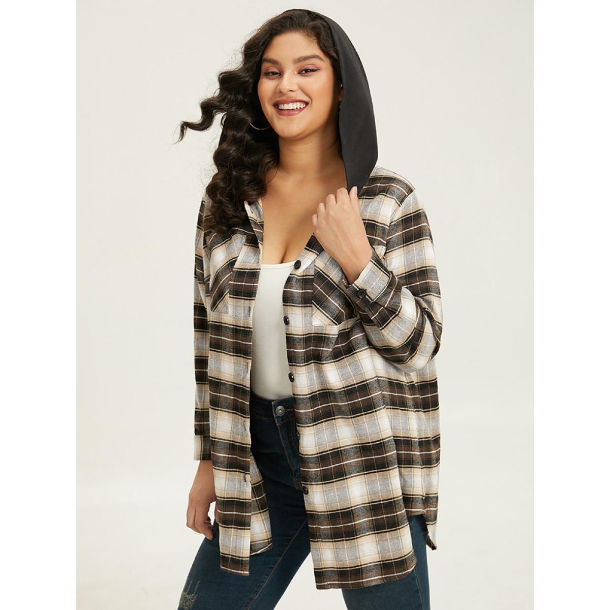 Plus Size Plaid Button Up Hooded Patchwork Shacket Women DarkBrown Contrast Pocket Everyday Jackets BloomChic 22-24/3X Product Image