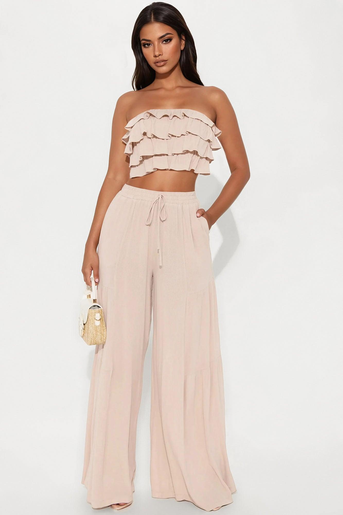 Aurora Ruffle Wide Leg Pant Set - Taupe Product Image