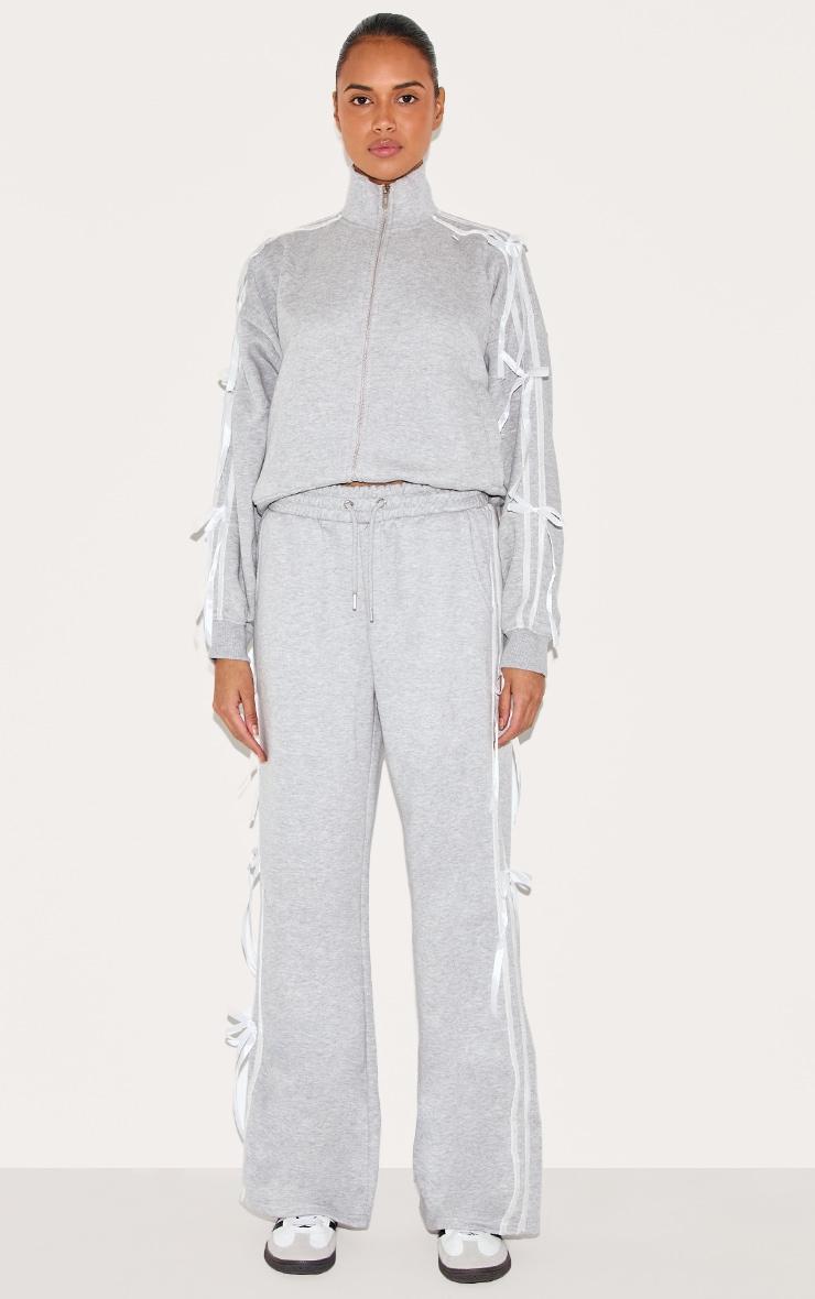 Grey Marl Velvet Bow Detail Oversized Zip Up Sweatshirt Product Image