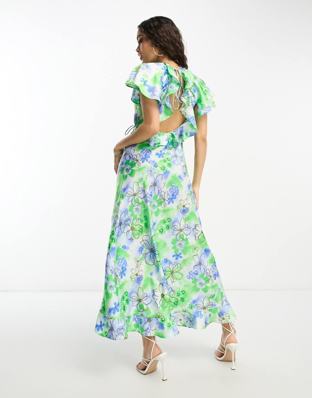 ASOS DESIGN Petite frill detail wrap maxi satin dress in white floral print Product Image