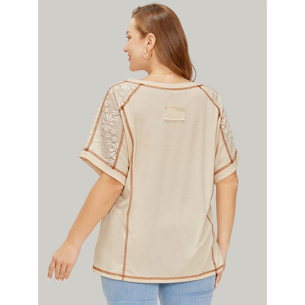 Plus Size Floral Lace Insert Stitch Trim T-shirt Beige Women Elegant Plain V-neck Dailywear T-shirts BloomChic 26/4X Product Image