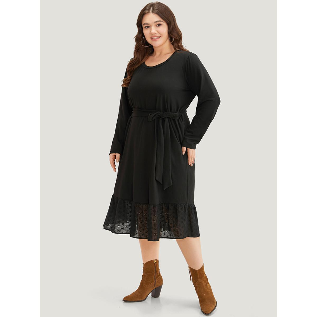 Plus Size Broderie Anglaise Round Neck Belted Flutter Hem Dress Black Women Casual Plain Round Neck Long Sleeve Curvy Midi Dress BloomChic 18-20/2X Product Image