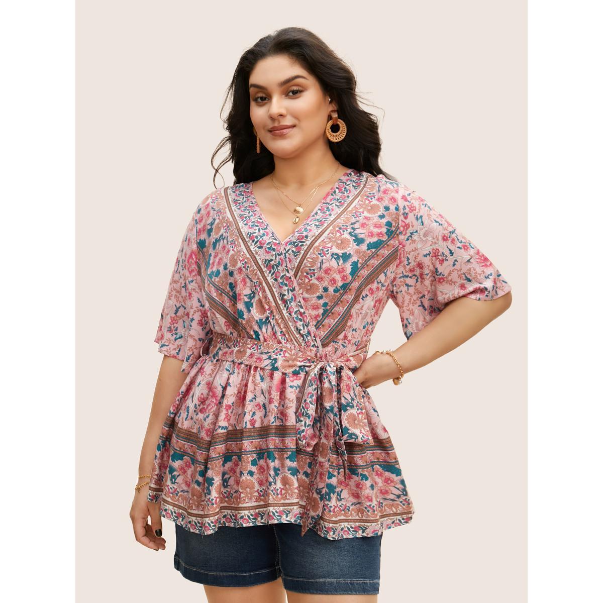 Plus Size Blush Floral Print Ruffles Belted Blouse Women Resort Half Sleeve V-neck Vacation Blouses BloomChic 22-24/3X Product Image