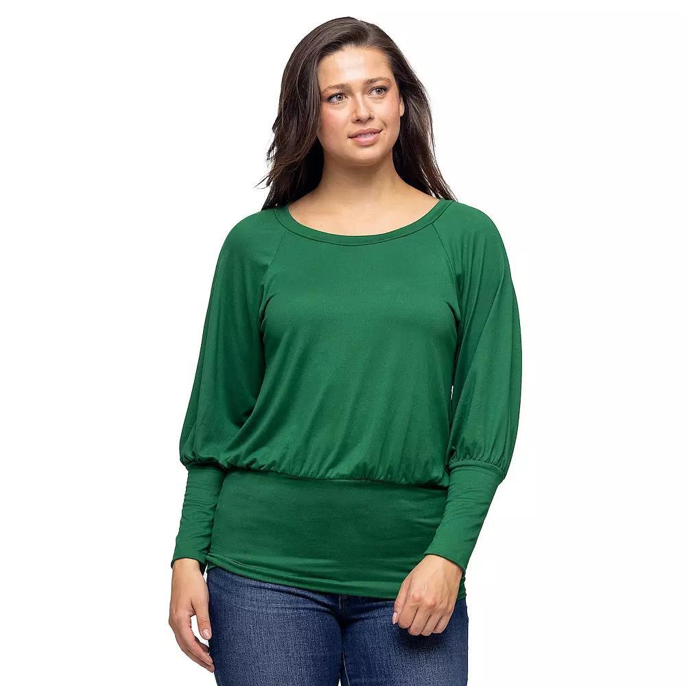Women's 24Seven Comfort Apparel Round Neck Long Blouson Sleeve Banded Bottom Top, Size: Medium, Grey Product Image