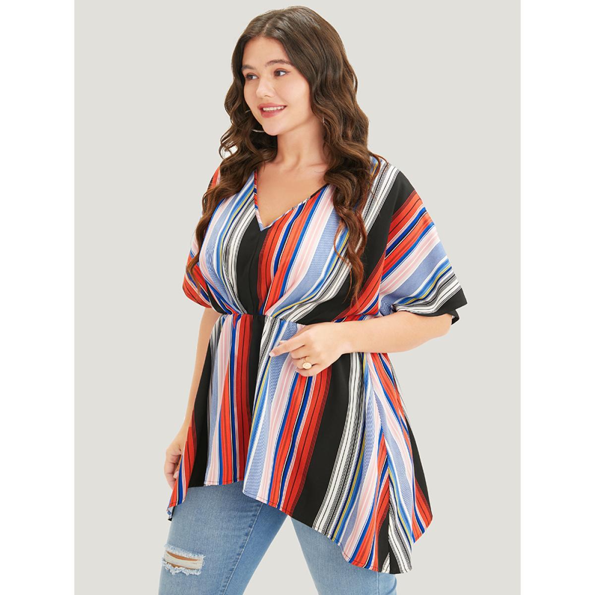 Plus Size Stone Striped Contrast Dolman Sleeve Asymmetrical Hem Blouse Women Vacation Short sleeve V-neck Dailywear Blouses BloomChic 30/6X Product Image