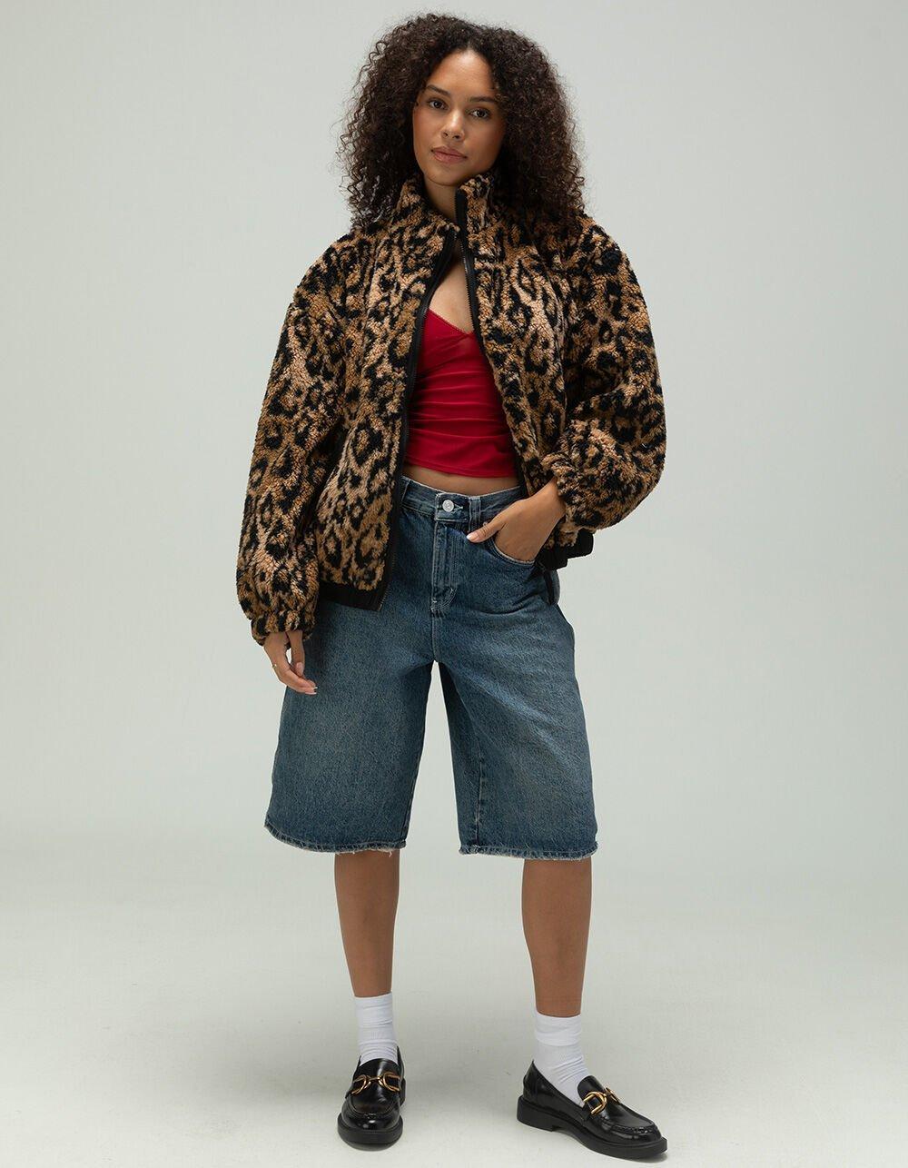 BDG Urban Outfitters Olive Leopard Print Womens Fleece Zip-Up Jacket - LEOPARD Product Image
