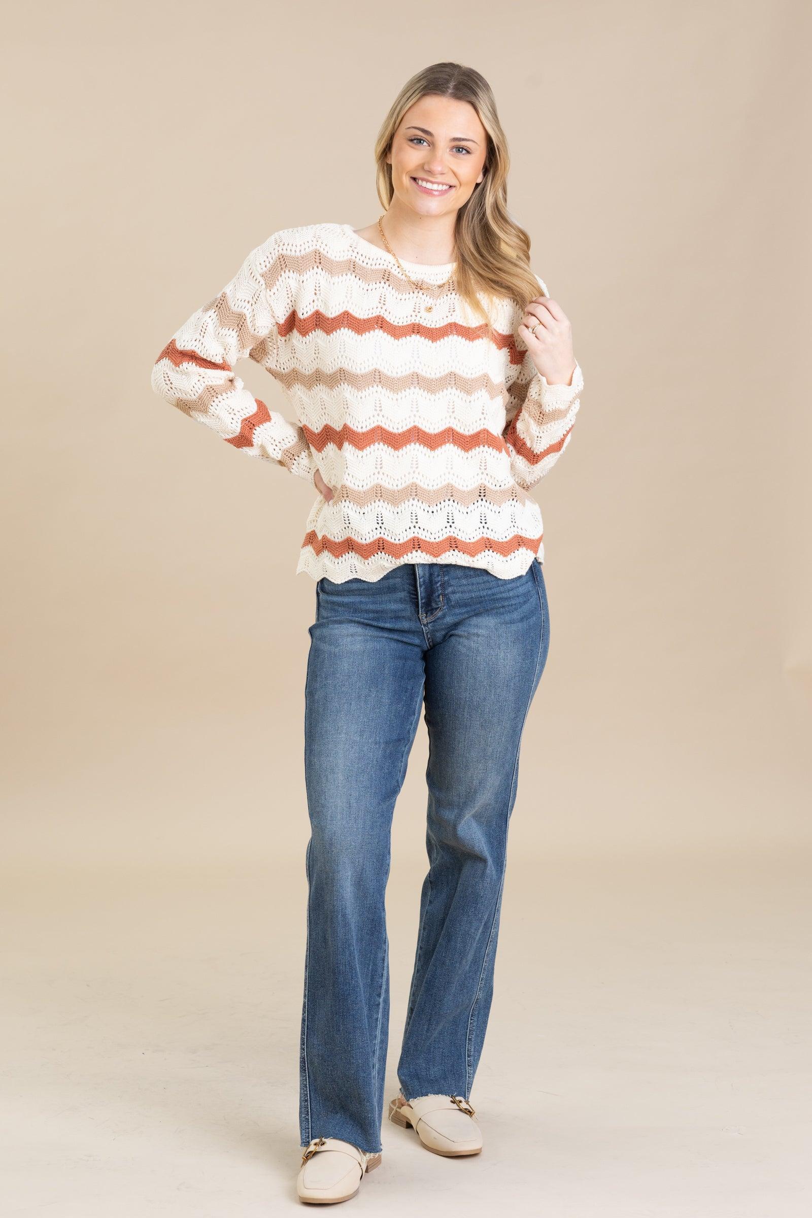Lightweight Crochet Knit Wavy Striped Sweaters Product Image