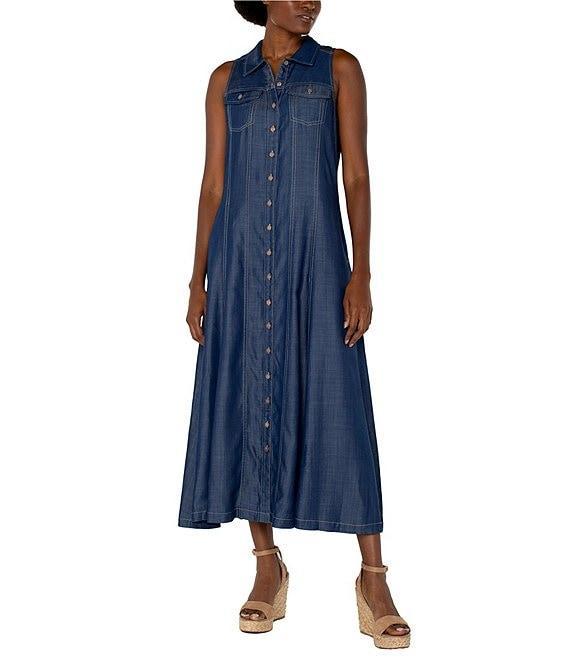 Liverpool Los Angeles Point Collar Sleeveless Denim Midi Dress Product Image