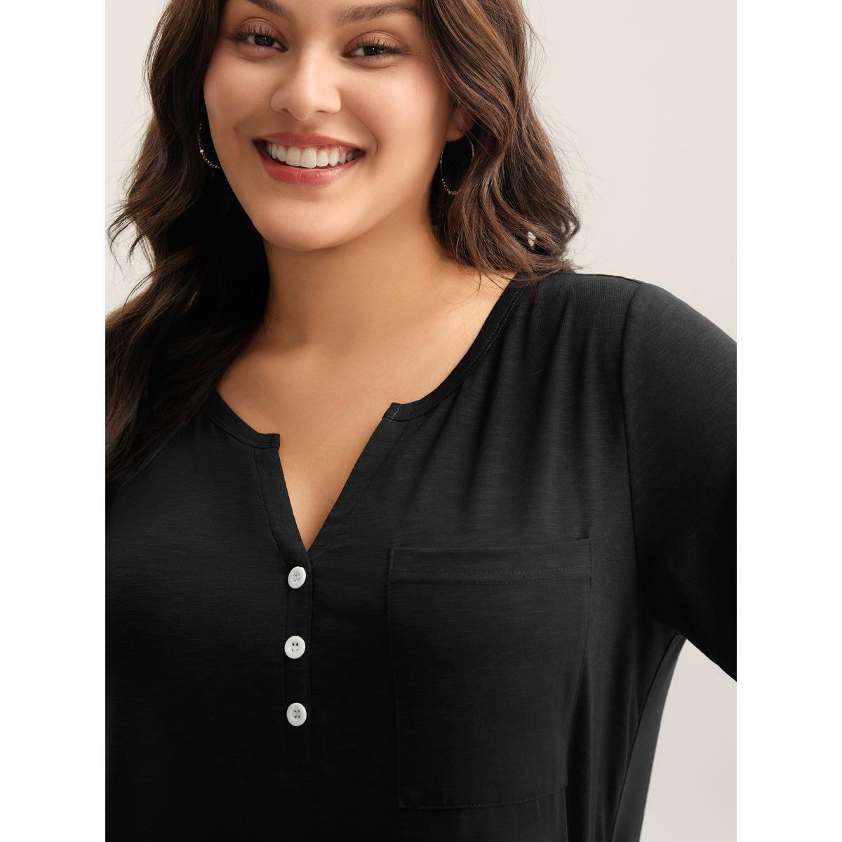 Plus Size Solid Split Neck Button Detail T-Shirt Black Women Button Notched collar Everyday-Casual T-shirts BloomChic 12/L Product Image