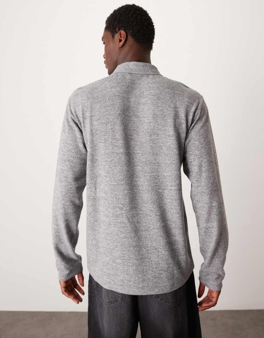 ASOS DESIGN long sleeve brushed rib polo with zip in gray heather Product Image