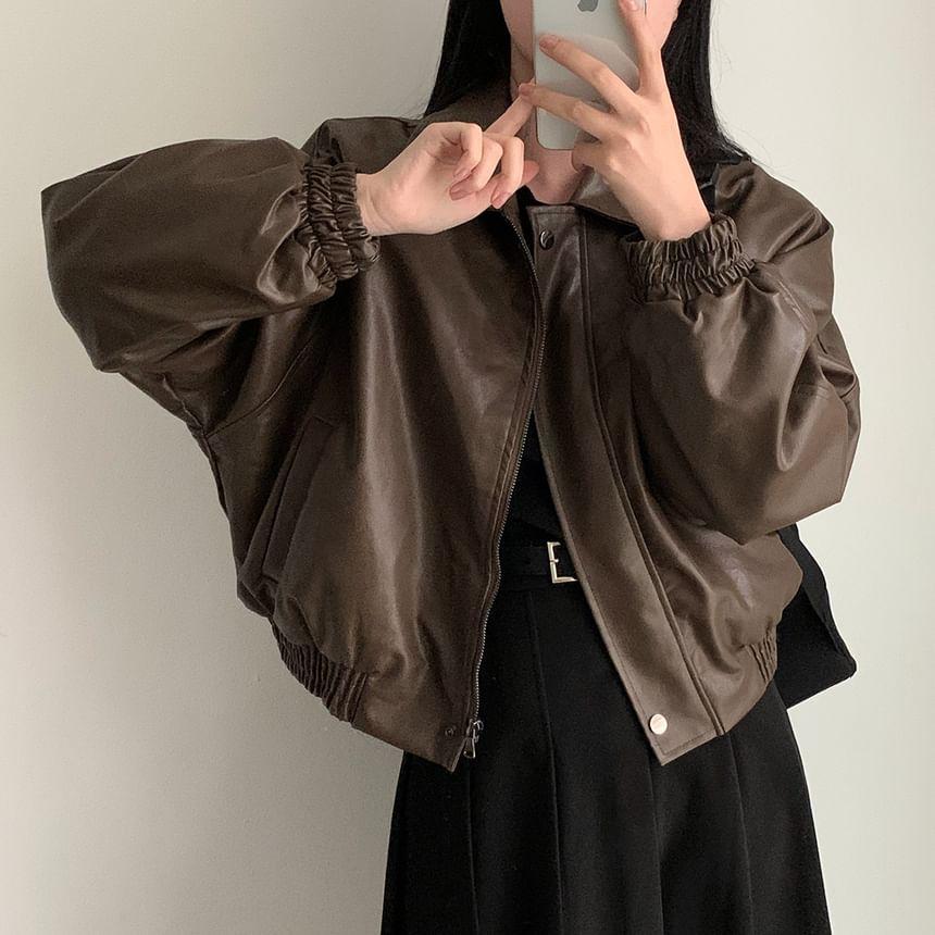 Long Sleeve Lapel Neck Fleece Lined Faux Leather Bomber Jacket Product Image
