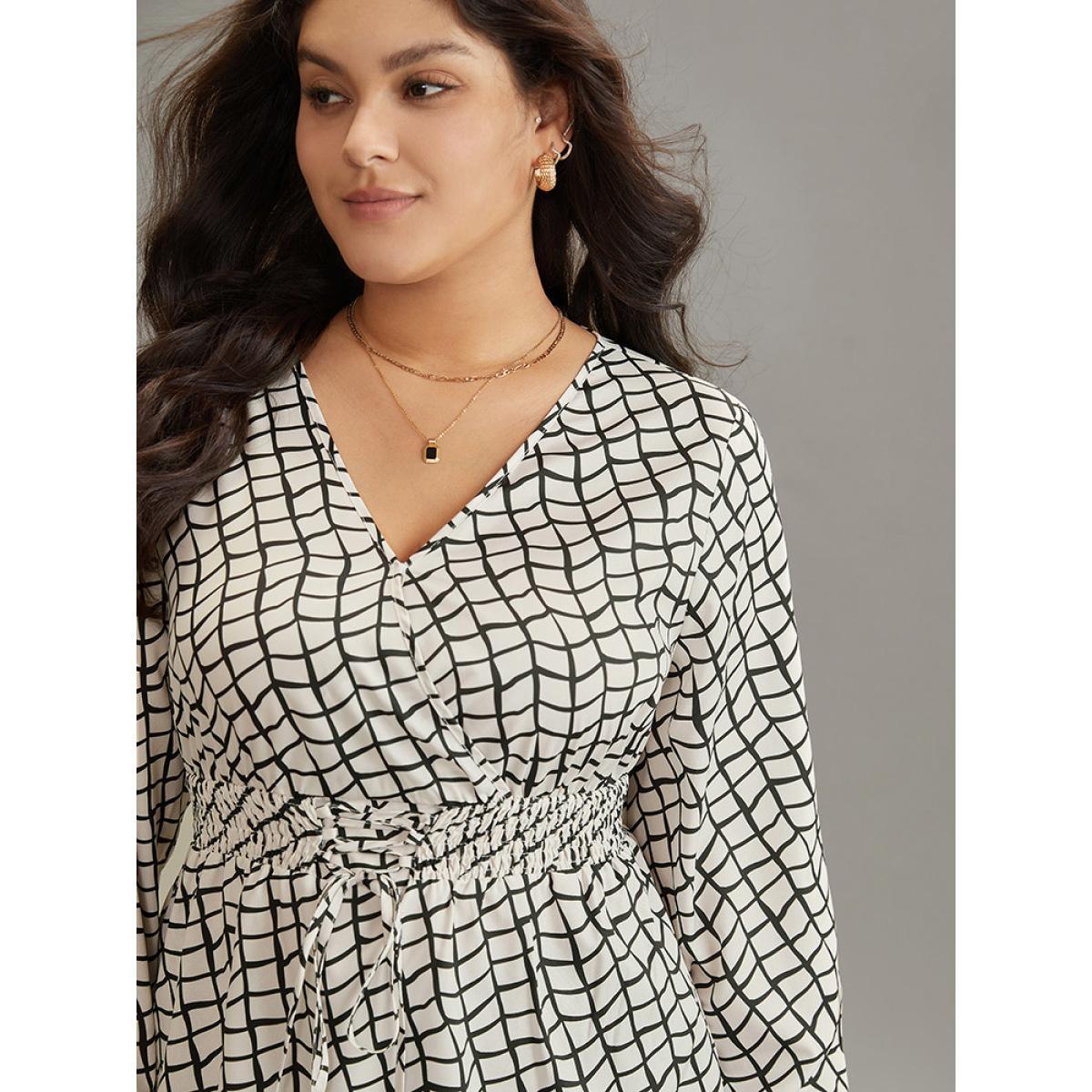 Plus Size White Plaid Lace Up Overlap Collar Shirred Blouse Women Office Long Sleeve Overlap Collar Work Blouses BloomChic 28/5X Product Image